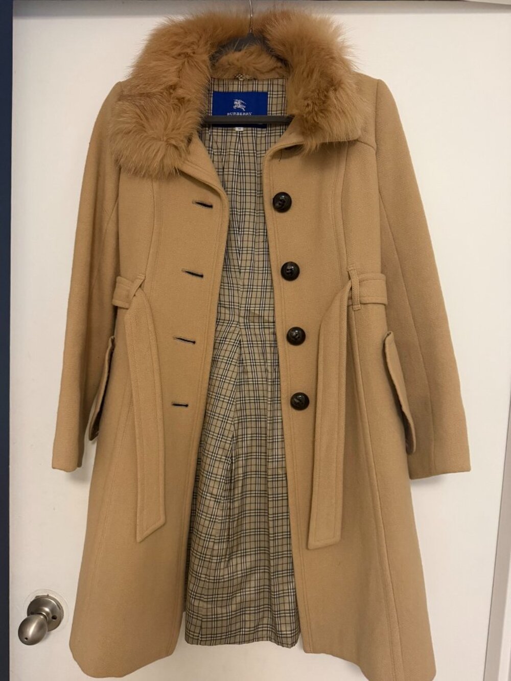 Burberry Blue Label Wool Coat - Camel, Fur Collar, Size 38 (JP)